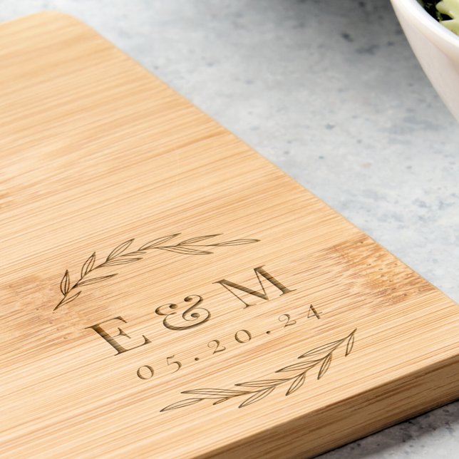 Laurel Branch Monogram Wedding Engagement Gift Engraved Cutting Board (Creator Uploaded)
