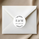 Laurel Branch Monogram Wedding Favor Classic Round Sticker<br><div class="desc">Custom-designed wedding favor sticker/label featuring hand-drawn rustic laurel design. Personalize with bride and groom/couple's initials and wedding date.</div>