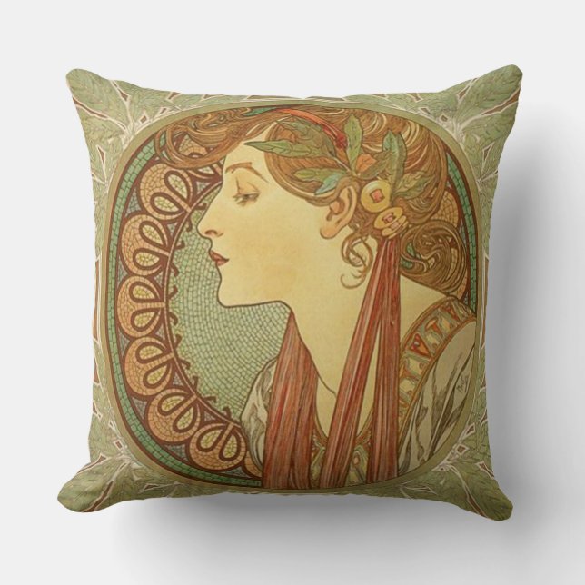 Laurel by Alphonse Mucha Throw Pillow (Front)