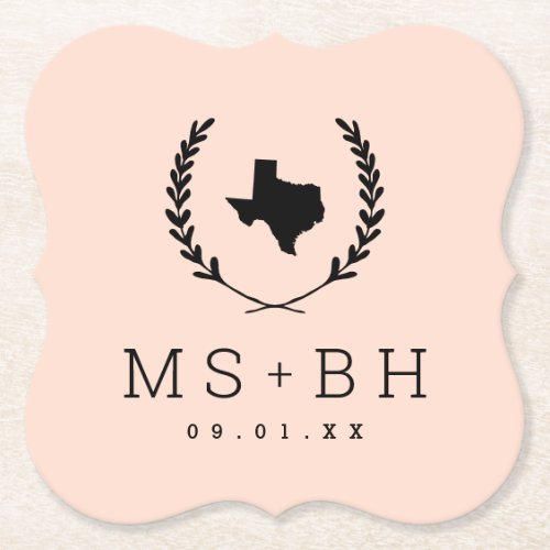 Laurel Crest Texas Wedding Monogram  Blush Paper Coaster