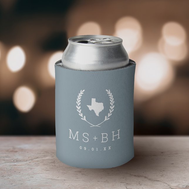 Laurel Crest Texas Wedding Monogram | Dusty Blue Can Cooler (Creator Uploaded)