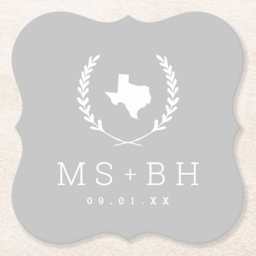 Laurel Crest Texas Wedding Monogram  Gray Paper Coaster