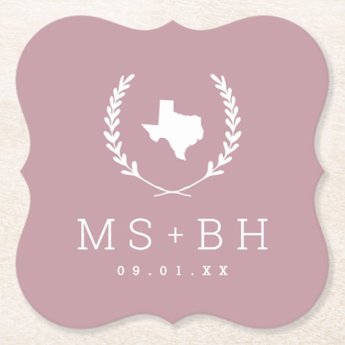 Laurel Crest Texas Wedding Monogram  Mauve Paper Coaster