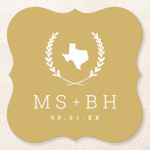 Laurel Crest Texas Wedding Monogram  Mustard Paper Coaster