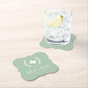 Laurel Crest Texas Wedding Monogram Sage Paper Coaster
