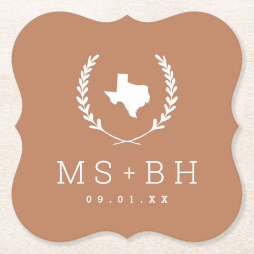 Laurel Crest Texas Wedding Monogram  Terra Cotta Paper Coaster