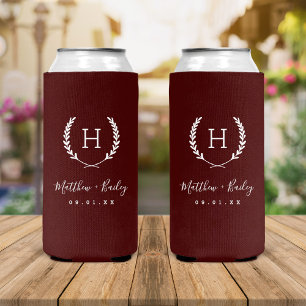 Laurel Crest Wedding Monogram Burgundy Seltzer Can Cooler