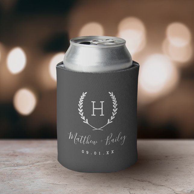 Laurel Crest Wedding Monogram | Charcoal Can Cooler (Creator Uploaded)
