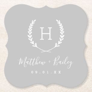 Laurel Crest Wedding Monogram   Gray Paper Coaster