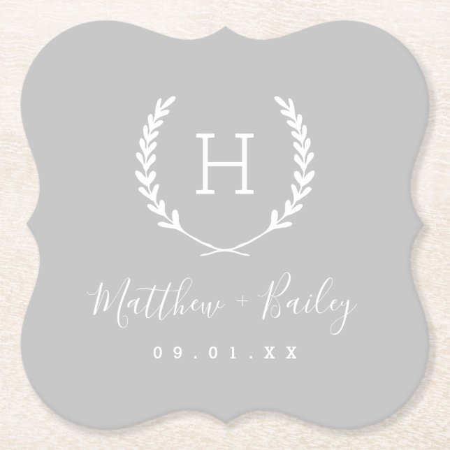 Laurel Crest Wedding Monogram | Gray Paper Coaster (Front)