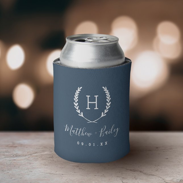 Laurel Crest Wedding Monogram | Lake Blue Can Cooler (Creator Uploaded)