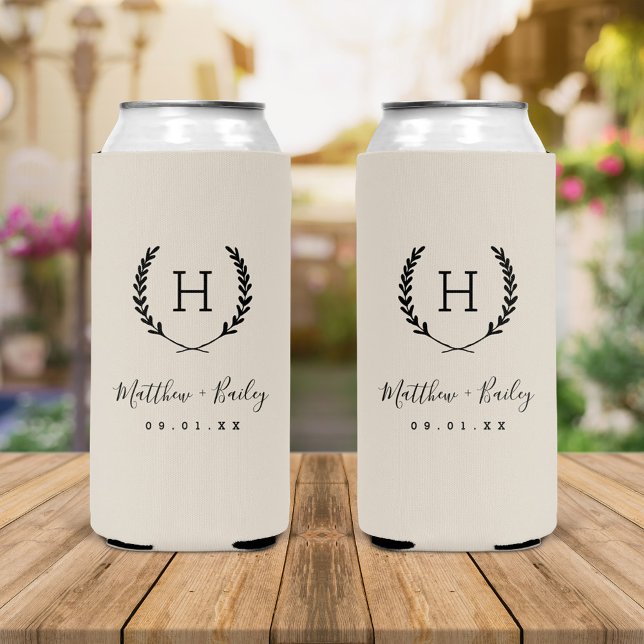 Laurel Crest Wedding Monogram | Light Beige Seltzer Can Cooler (Creator Uploaded)