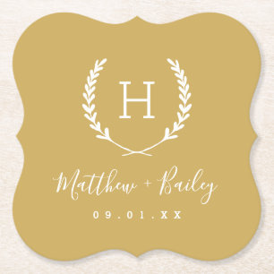 Laurel Crest Wedding Monogram Mustard Yellow Paper Coaster