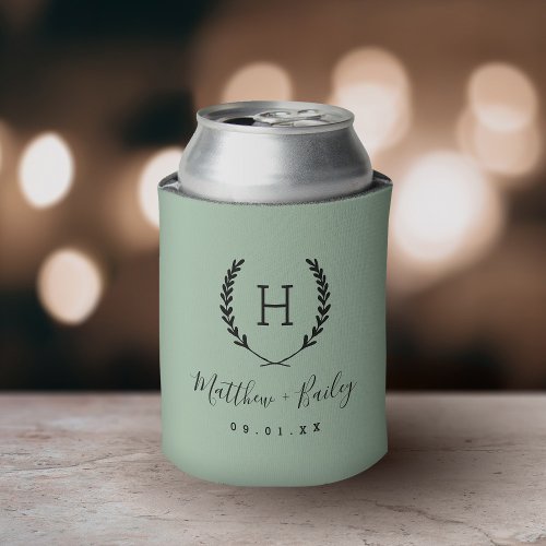 Laurel Crest Wedding Monogram  Sage Can Cooler