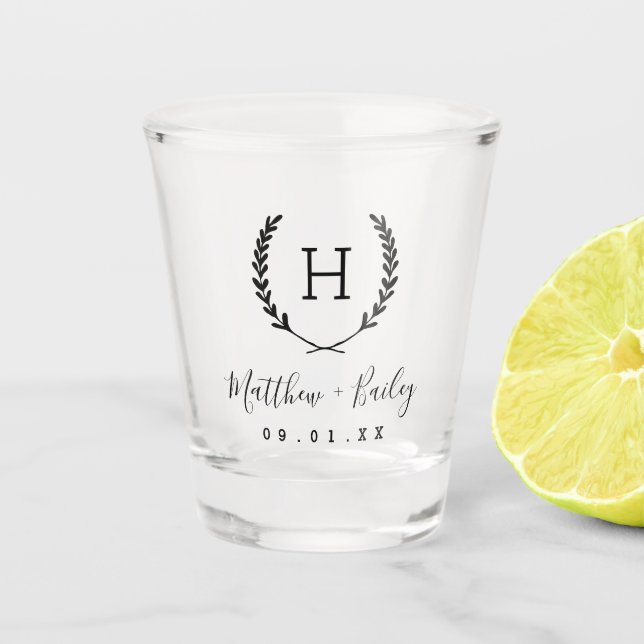 Laurel Crest Wedding Monogram Shot Glass (Front)
