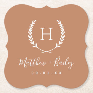 Laurel Crest Wedding Monogram Terra Cotta Paper Coaster