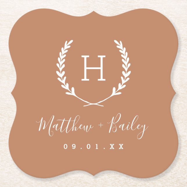 Laurel Crest Wedding Monogram | Terra Cotta Paper Coaster (Front)