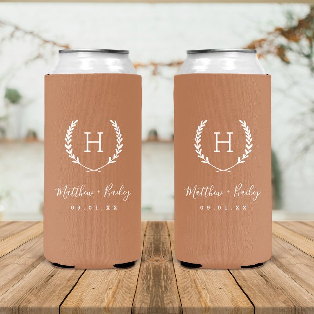 Laurel Crest Wedding Monogram | Terra Cotta Seltzer Can Cooler (Creator Uploaded)
