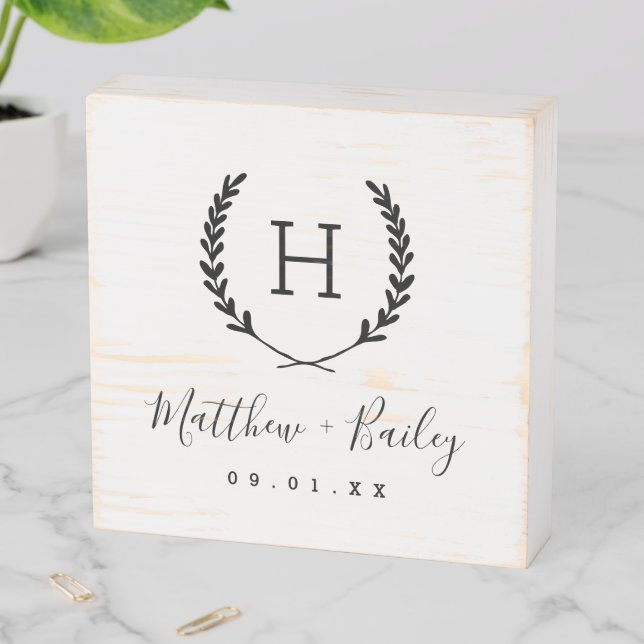 Laurel Crest Wedding Monogram Wooden Box Sign (In Situ Horizontal)