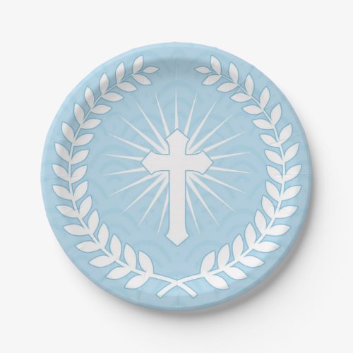 Laurel Cross Blue Religious Paper Plates