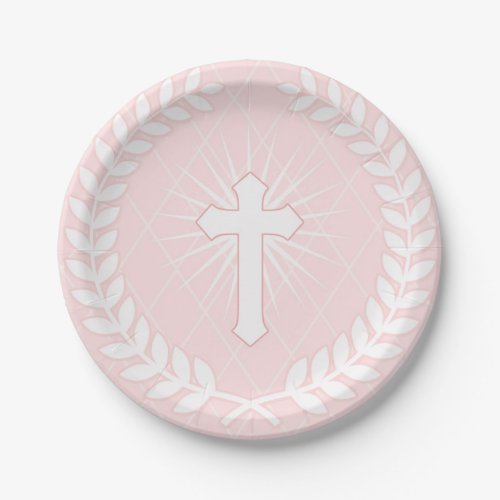 Laurel Cross Pink Religious Paper Plates