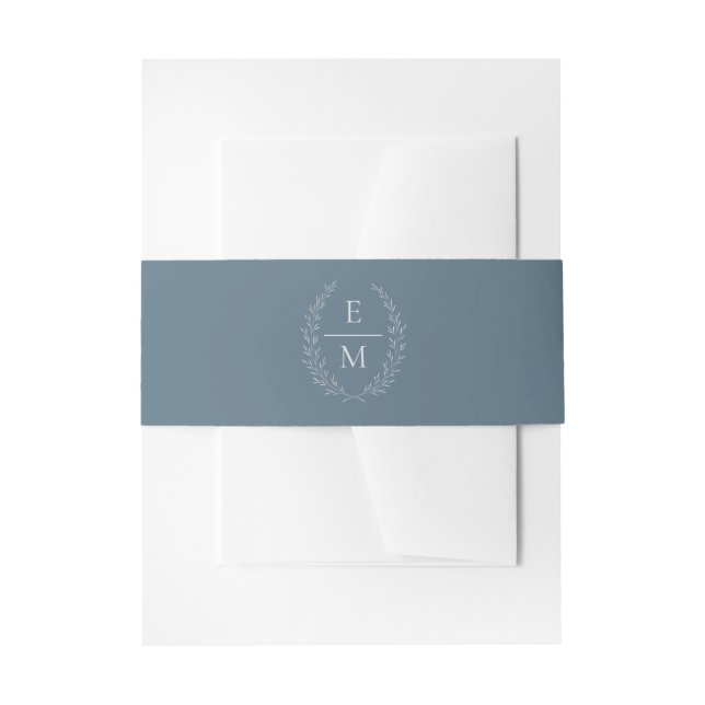 Laurel Dusty Blue Monogram Wedding Band Invitation Belly Band (Front Example)