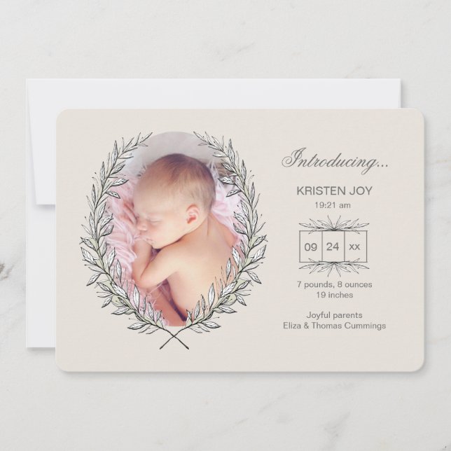 Laurel Frame Photo Birth Announcement (Front)