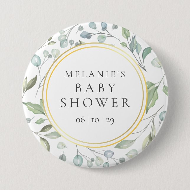 Laurel Garland Faux Gold Foil Baby Shower Button (Front)