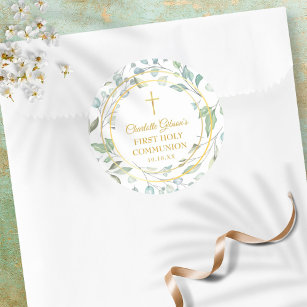Laurel Garland Faux Gold Foil First Holy Communion Classic Round Sticker