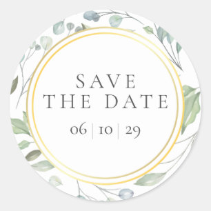 Laurel Garland Faux Gold Foil Save the Date Favor Classic Round Sticker