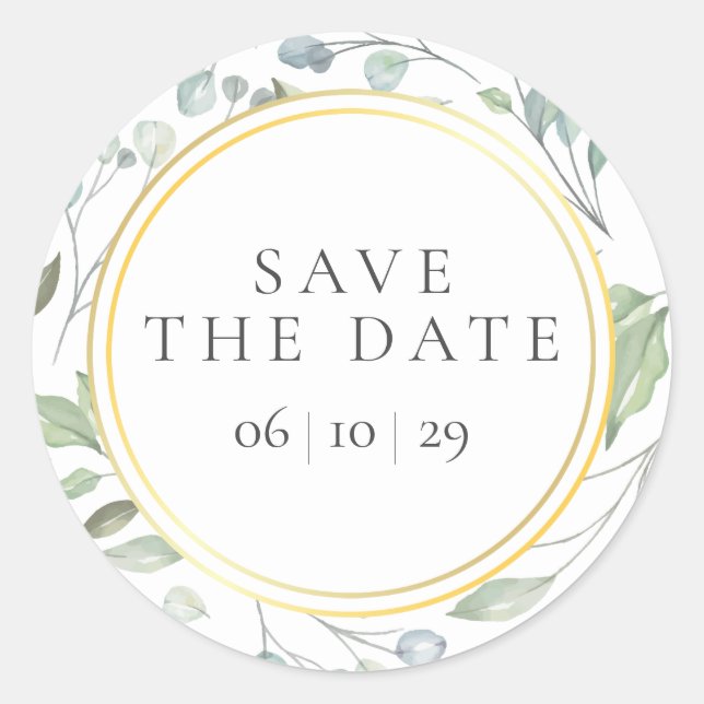 Laurel Garland Faux Gold Foil Save the Date Favor Classic Round Sticker (Front)