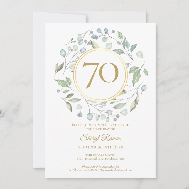 Laurel Garland Gold Monogram 70th Birthday Invitation (Front)