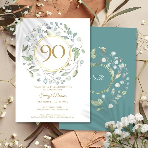 Laurel Garland Gold Monogram 90th Birthday Invitation