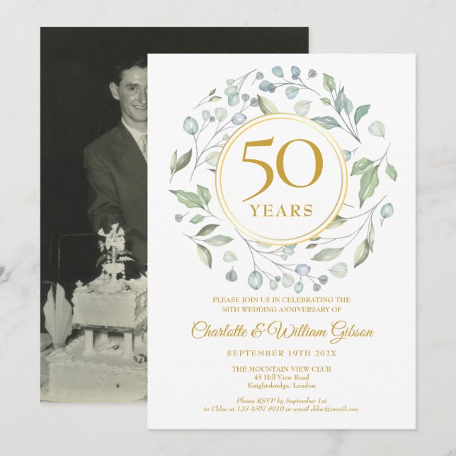 Laurel Garland Greenery Gold 50 Anniversary Photo Invitation (Front/Back)