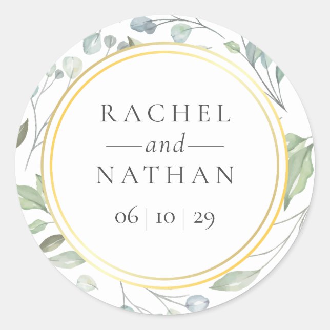 Laurel Garland Greenery Gold Geometric Wedding Classic Round Sticker (Front)