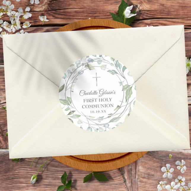 Laurel Garland Silver First Holy Communion Classic Round Sticker (Creator Uploaded)