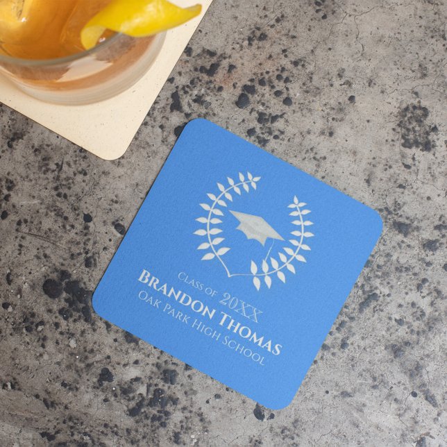 Laurel Graduation Party Paper Coaster Custom Name (Elegant blue laurel wreath graduation paper coaster with custom name, school, and class year design.)