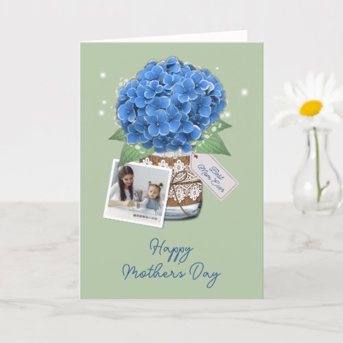 Laurel Green Blue Floral Photo Happy Mothers Day Card