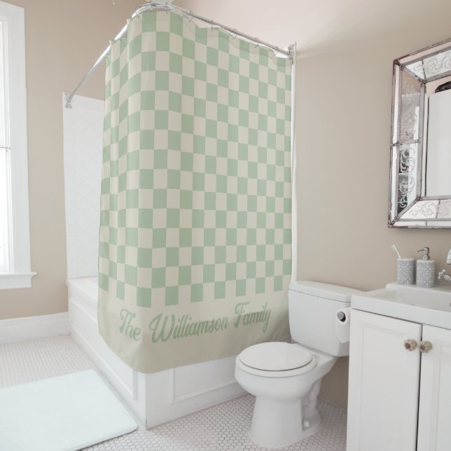 Laurel green Checkered Aesthetic Shower Curtain (In Situ)