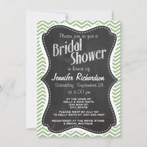 Laurel Green Chevron Stripes; Chalkboard look Personalized Invitation