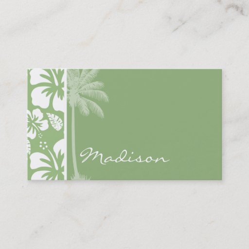 Customizable Laurel Green Hawaiian Tropical Hibiscus; Palm Business Card Templates