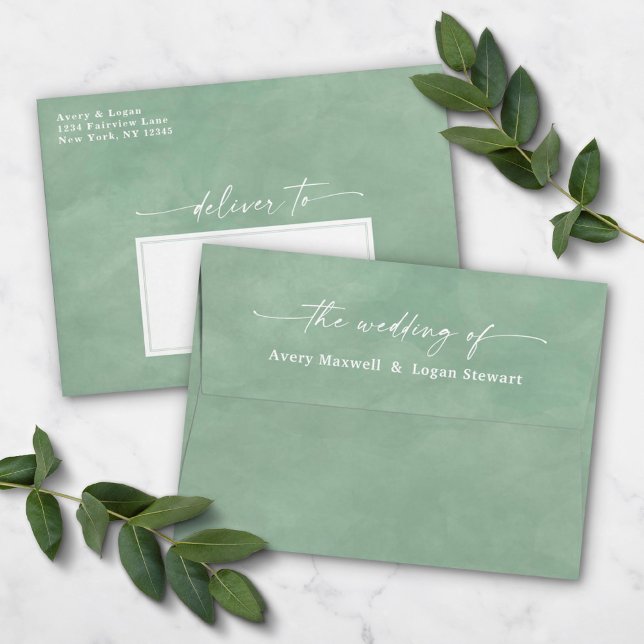 Laurel Green Watercolor A7 5x7 Wedding Invitation Envelope (Creator Uploaded)