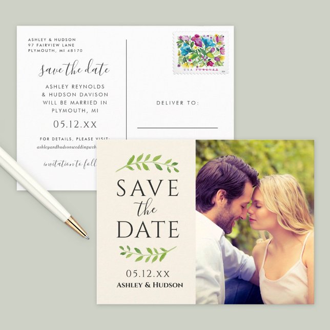 Laurel Greenery Photo Save the Date Announcement Postcard (Creator Uploaded)