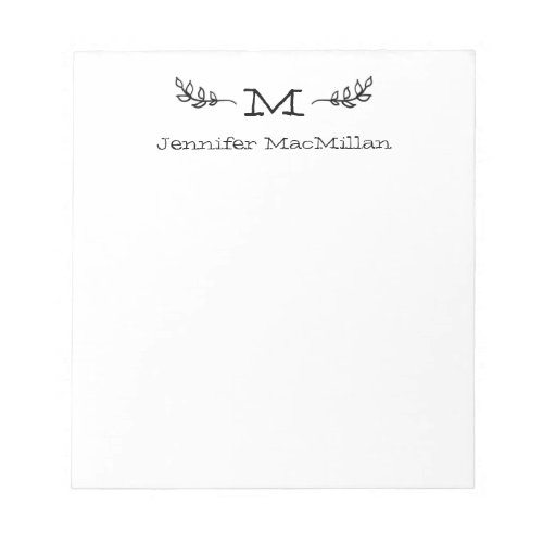 Laurel Initial Monogram Personalized White Notepad