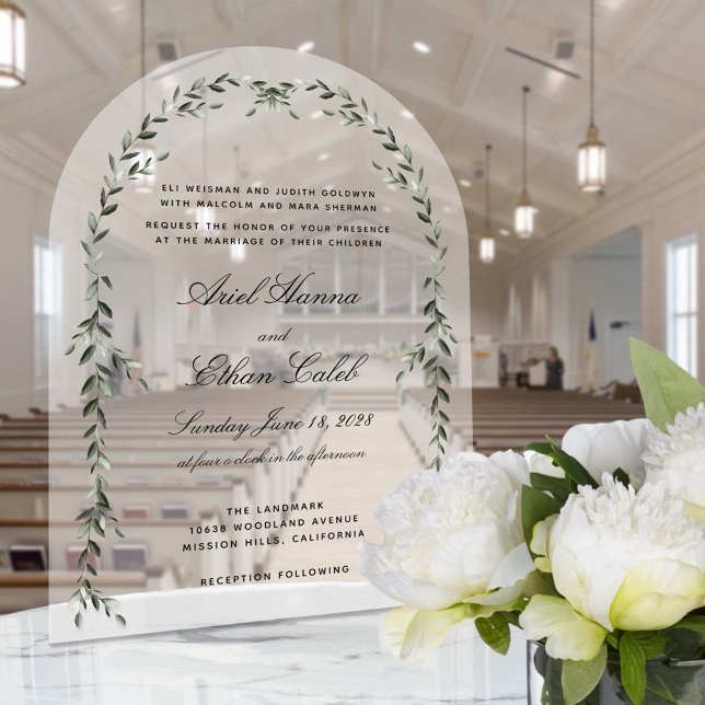 Laurel Leaf Archway Elegant Wedding Acrylic Invitations (Acrylic Green Laurel Leaf Wedding Invite)