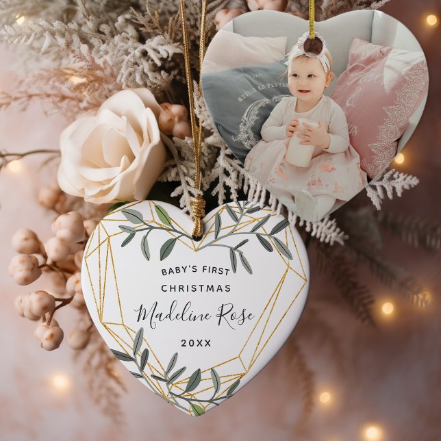 Laurel Leaf Baby's First Christmas Photo Ceramic Ornament (Creator Uploaded)