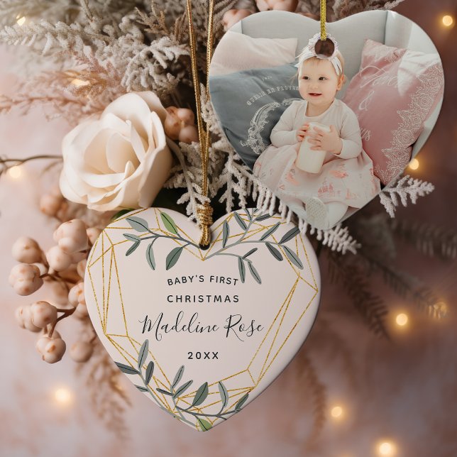 Laurel Leaf Baby's First Christmas Photo Ceramic Ornament (Creator Uploaded)