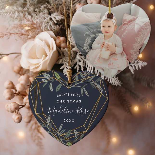 Laurel Leaf Baby's First Christmas Photo Ceramic Ornament (Creator Uploaded)