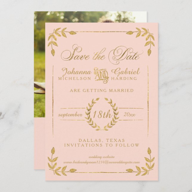 Laurel Leaf Blush Pink Gold Save the Date Photo (Front/Back)