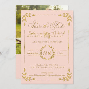 Laurel Leaf Blush Pink Gold Save the Date Photo
